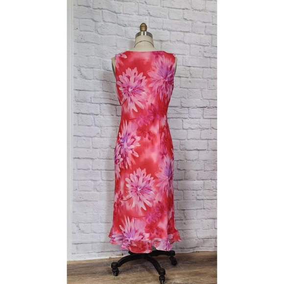 90s Y2K Bias Cut Slip Dress ruffle hot pink Fuschia floral midi L 12 - Picture 3 of 4